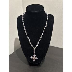 Kirks Folly Purple AB Faux Pearl Necklace Whimsical Purple Cross With Star *READ